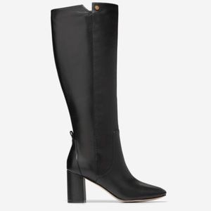 Cole Haan Chrystie 75MM Black Leather Square-Toe‎ Tall knee high Boots, ( H 818)